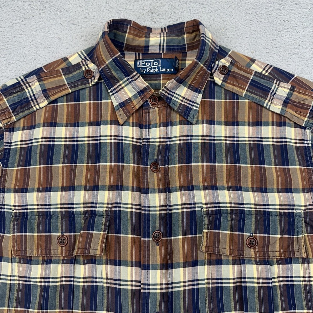 Polo Ralph Lauren Shirt Mens Medium Brown Blue Plaid Short Sleeve Button Up‎